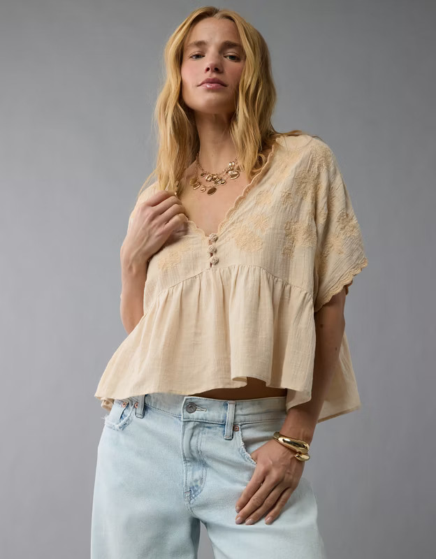 AE V-Neck Embroidered Blouse | American Eagle Outfitters (US & CA)