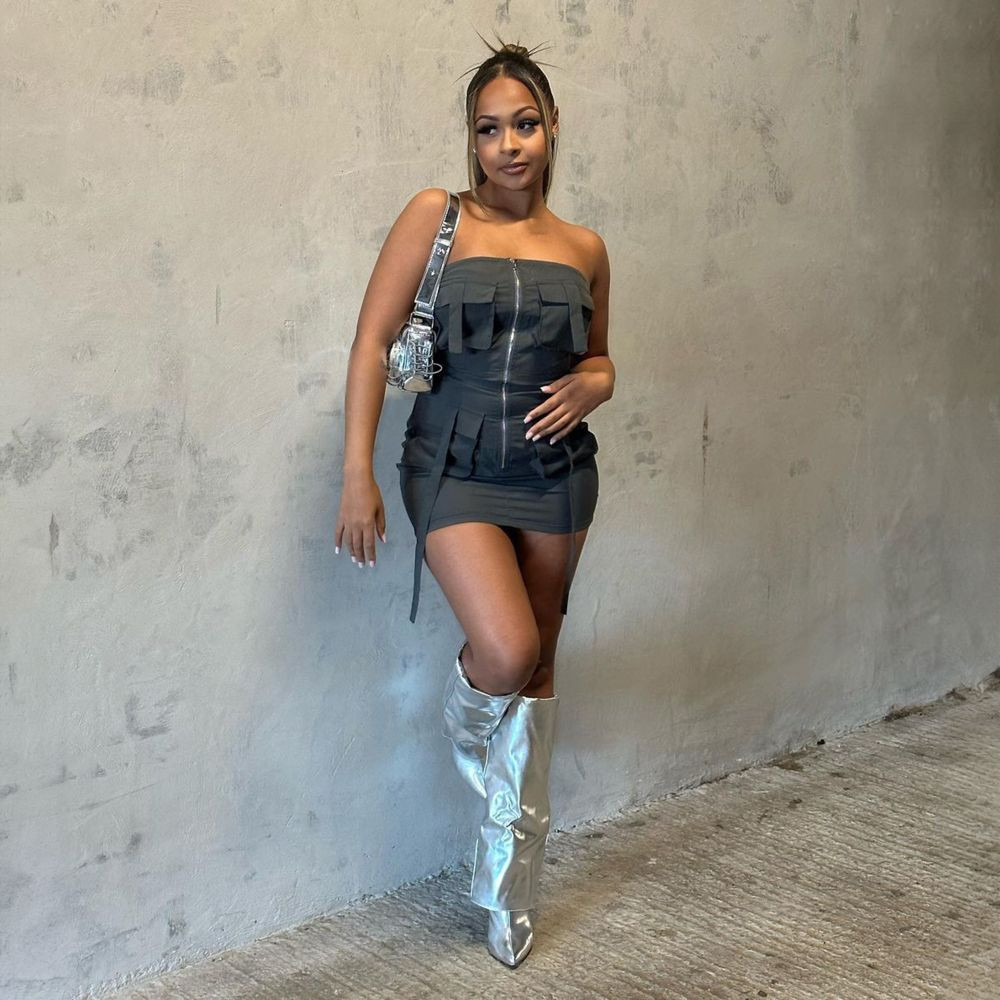 Bandeau Zip Front Multi Pocket Suspender Detail Cargo Mini Dress In Charcoal | EGO Shoes (US & Canada)