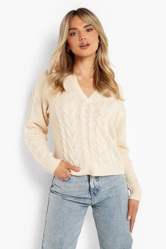 Cable Knit Grandad Collar Sweater | Boohoo.com (US & CA)