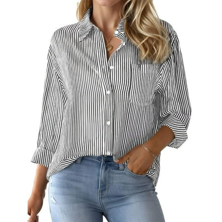 Weardear Women Striped Button Down Shirts Classic Collared Long Sleeve Work blouses Casual Tops with Pocket | Walmart (US)