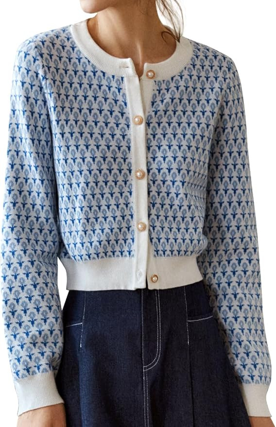 Women's Cropped Cardigan Sweater, Round Neck Pearl Button Long Sleeve 2025 Autumn Trendy Sweater ... | Amazon (US)