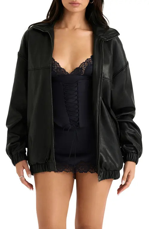 HOUSE OF CB Oversize Faux Leather Bomber Jacket in Black at Nordstrom, Size Medium | Nordstrom