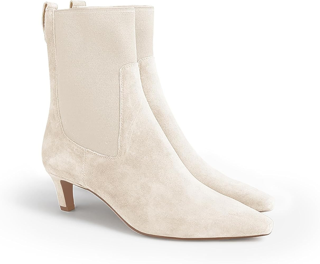 Coutgo Womens Ankle Boots Low Kitten Heel Pointed Toe Slip On Elastic Dressy Fall Winter Booties ... | Amazon (US)
