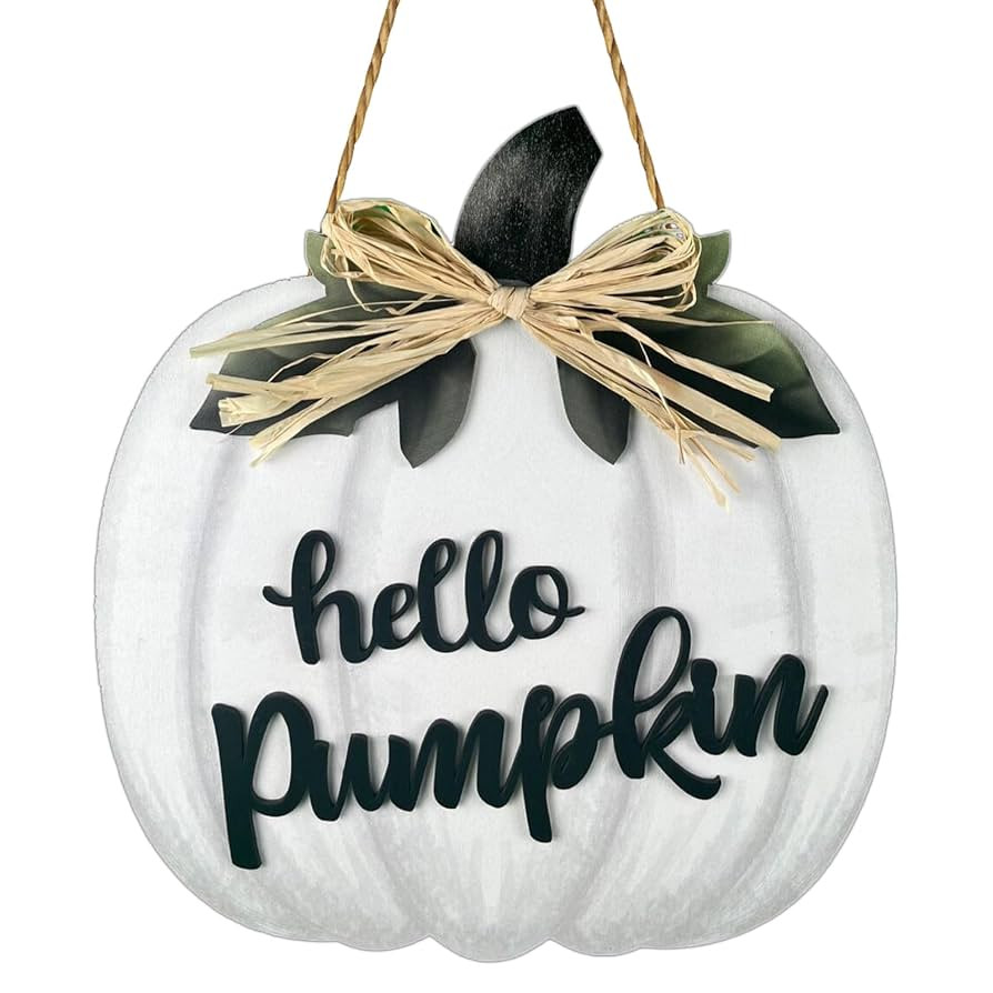 Fall Door Decor White Pumpkin Wall Decor Hello Pumpkin Sign with Raffia Bow Fall Decorations for ... | Amazon (US)