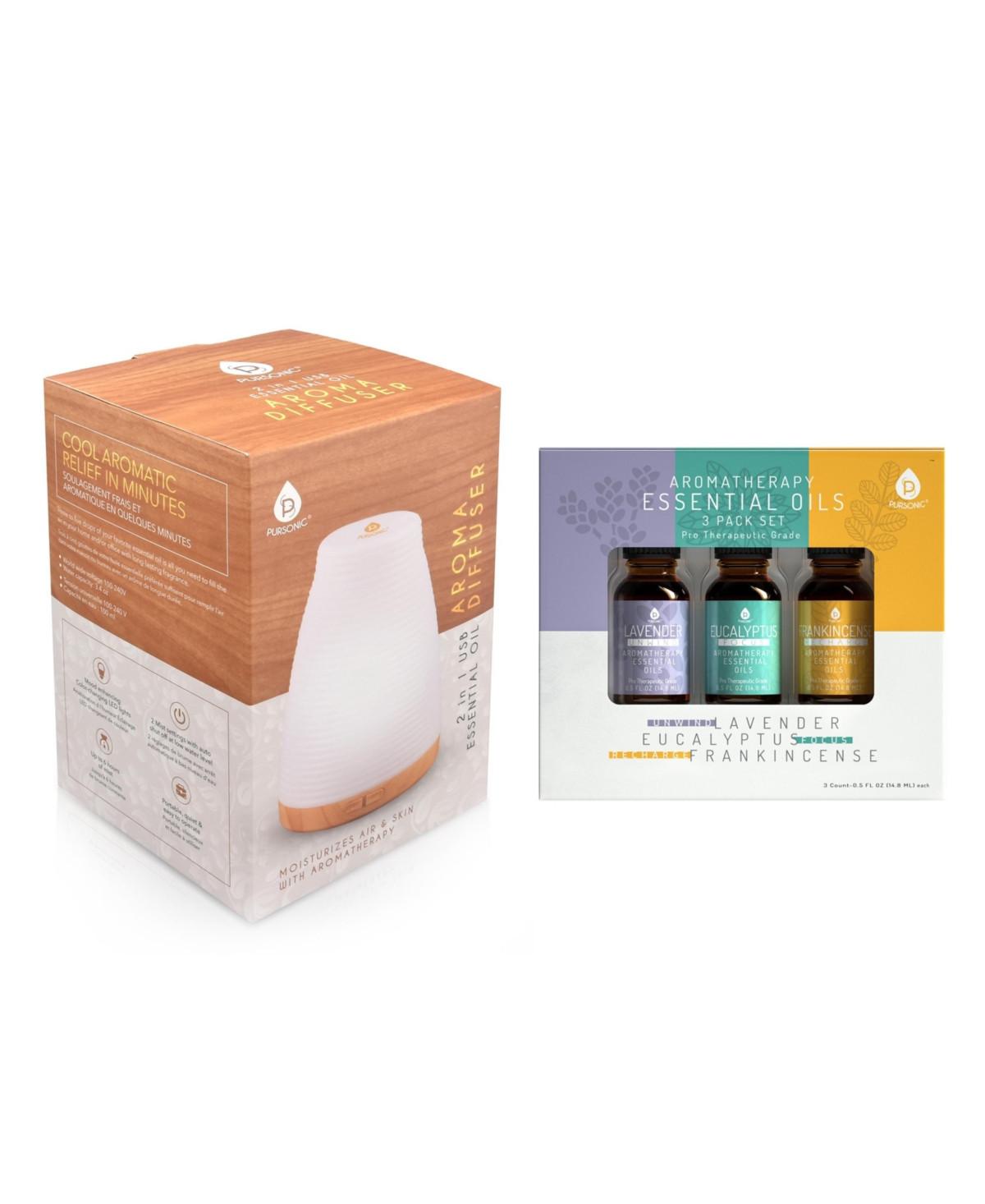 Pursonic Aromatherapy Usb Diffuser & Essential Oil Set- Top 3 Oils with 2 Mist Settings Changing Ambient Light Settings - White bamboo color | Macy's