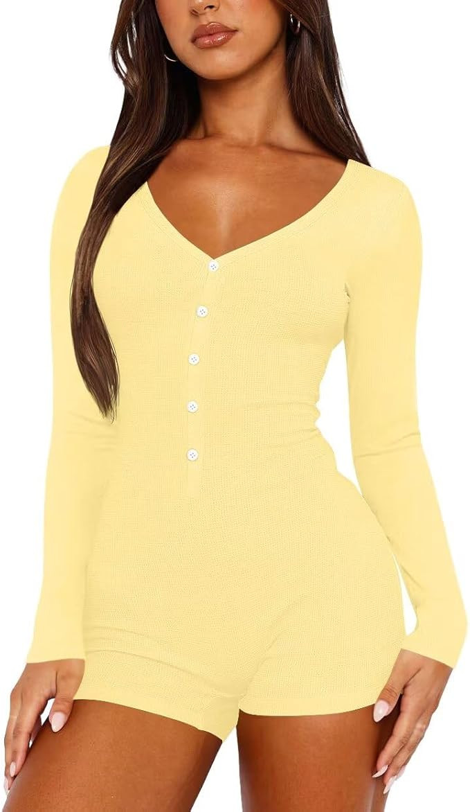LEEDYA Women's Long Sleeve V Neck Rompers Sexy Fall Y2k One Piece Shorts Jumpsuit Bodycon Pajama ... | Amazon (US)