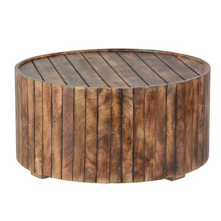 34 in. Round Wooden Coffee Table with Plank Style Side - Rustic Brown | Walmart (US)