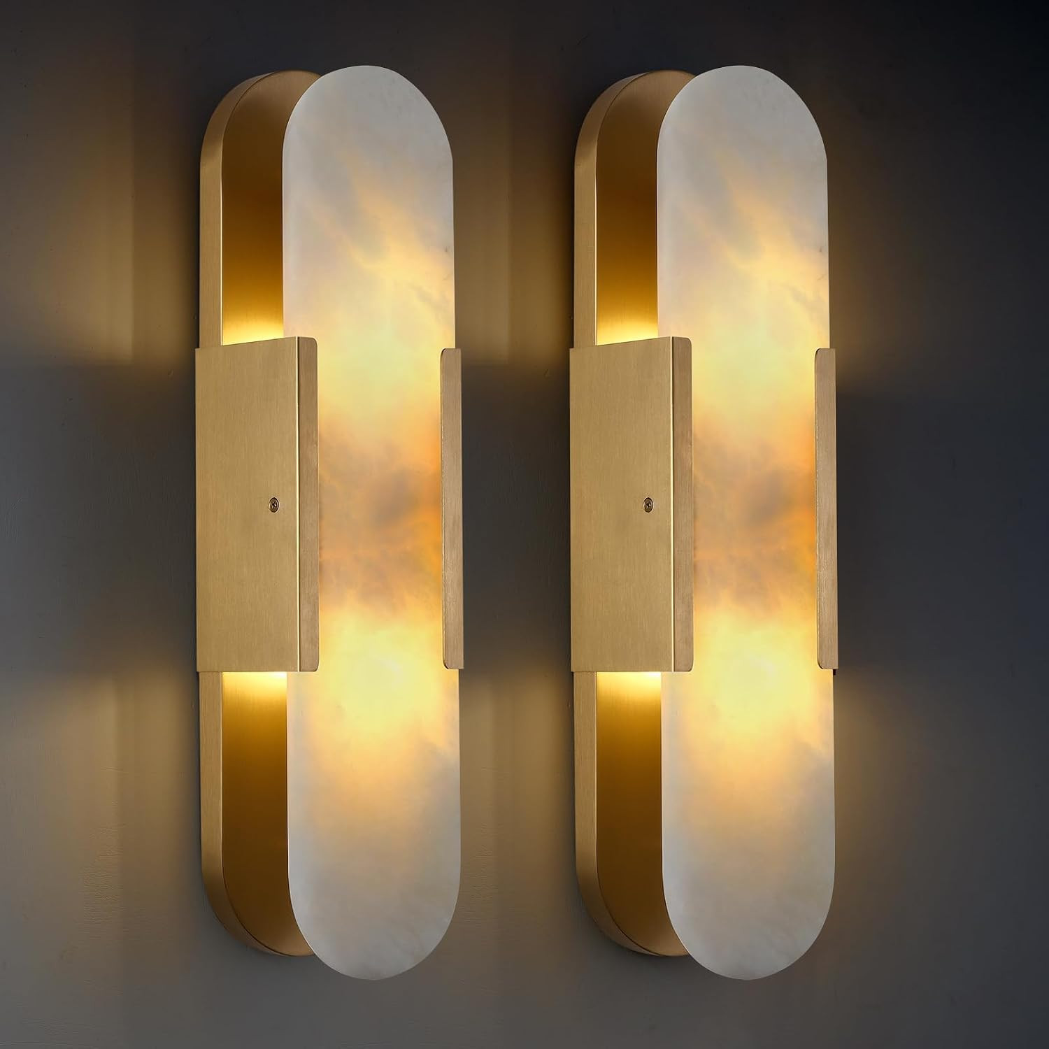 19.7in Brass Alabaster Wall Sconces, Natural Marble Wall Sconces Set of Two Indoor Alabaster Sconces for Living Room Modern Alabaster Sconces Wall Lighting for Dining Room Stairs Bedroom | Amazon (US)