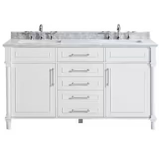Home Decorators Collection Aberdeen 60 in. W Double Vanity in White with Carrara Marble Top with ... | The Home Depot