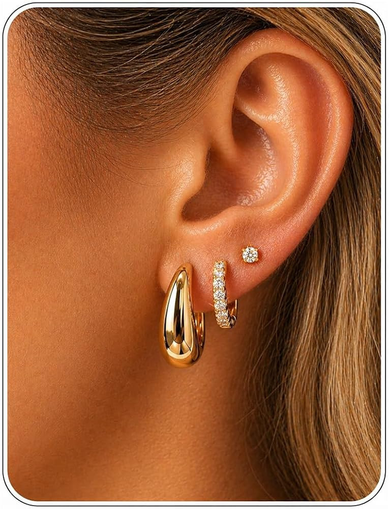 Gold Earring Stack for Women, 3 Pairs 14K Gold Plated Small Huggie Hoop & CZ Stud Earrings Set, H... | Amazon (US)
