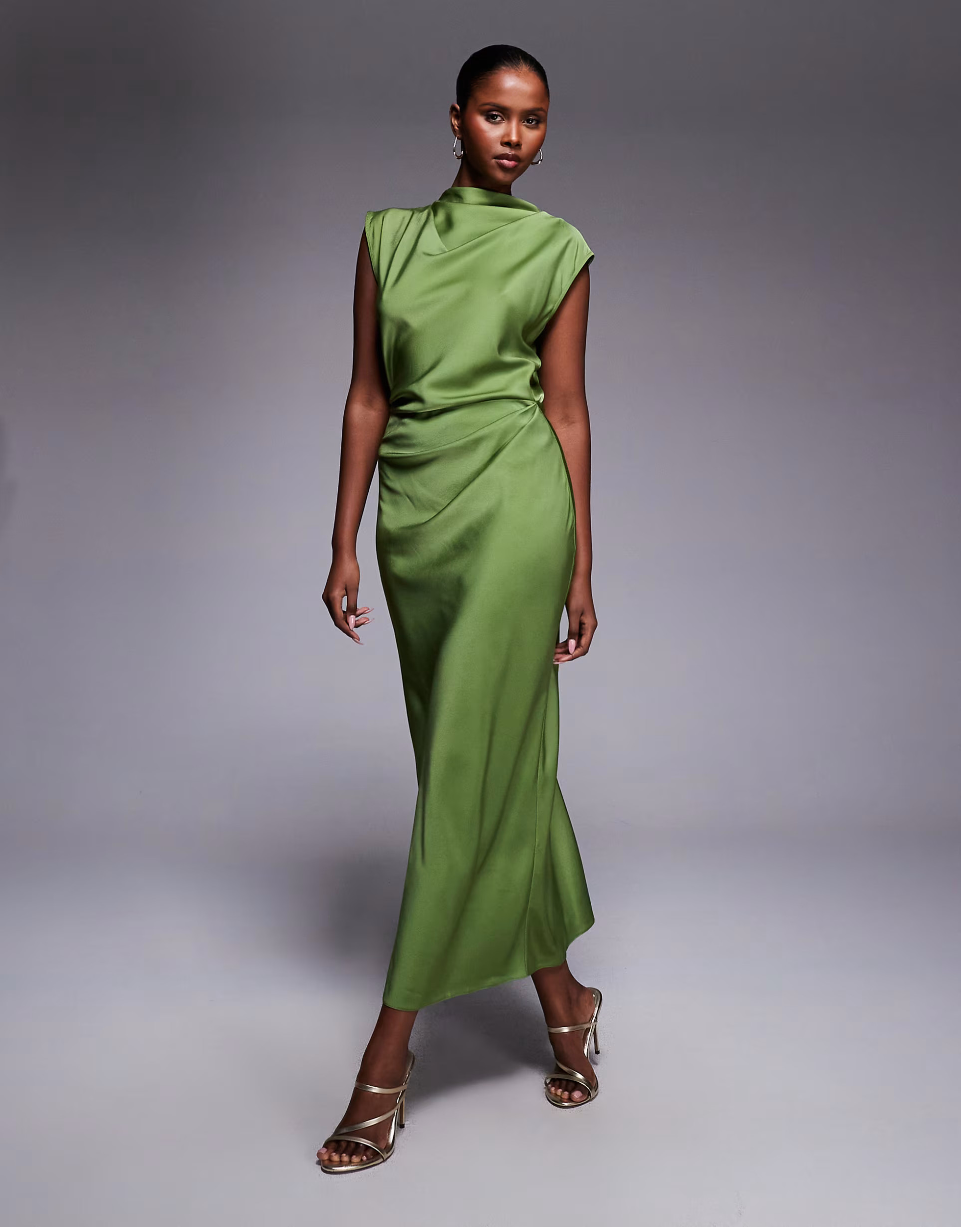 ASOS DESIGN satin high neck pleated bodice midi dress in olive green | ASOS | ASOS (Global)