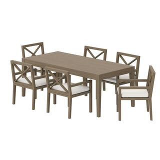 Northlake Weathered Gray 7-Piece Teak Wood Rectangular 33.5 in. Outdoor Dining Set with White Cushions | The Home Depot