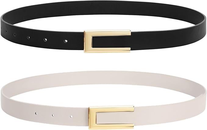 Ssumday 2 Pack Women's Leather Skinny Waist Belts for Dresses Jeans Pants with Golden Buckle | Amazon (US)