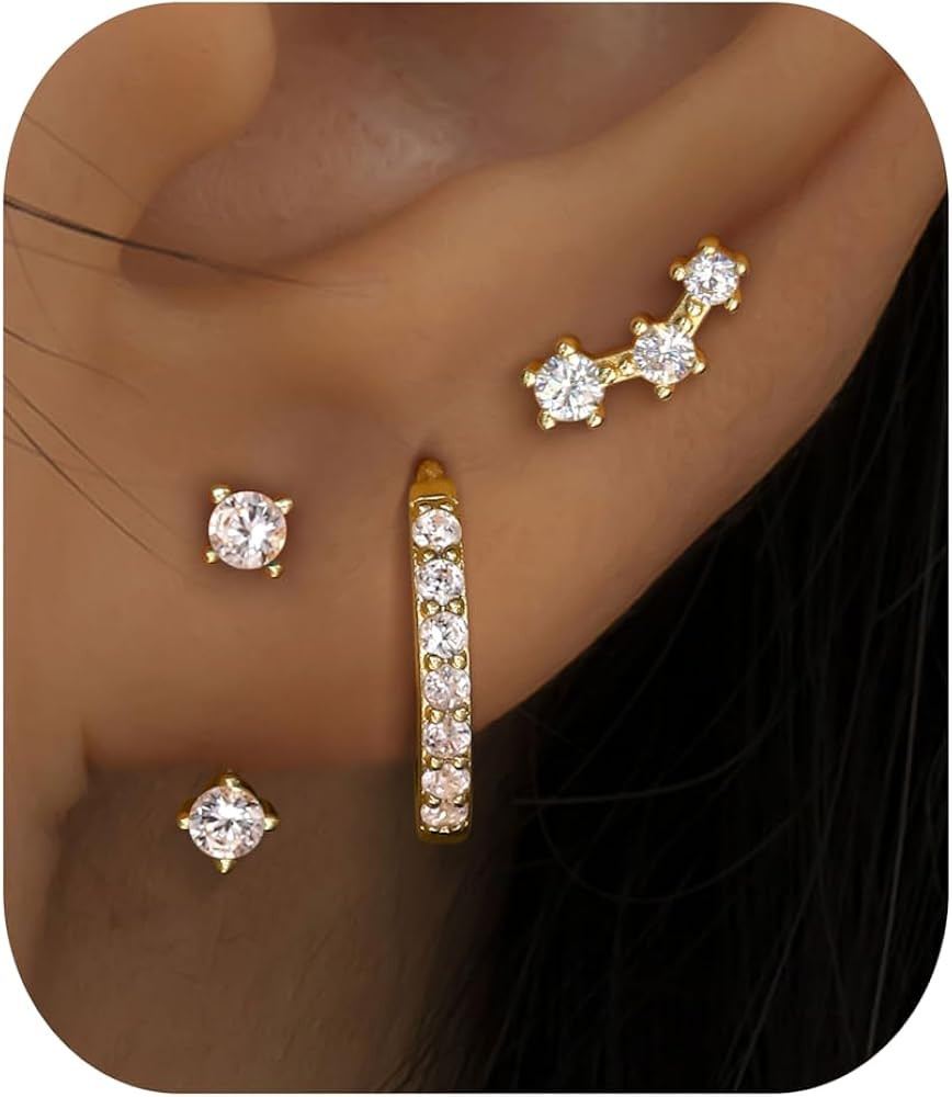 FIASASO 3 Pairs 925 Sterling Silver Hypoallergenic Earrings Set for Multiple Piercing Dainty 14K ... | Amazon (US)