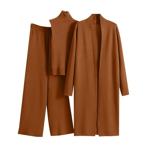 Women's 3 Piece Knit Lounge Set, Long Sleeve Cardigan Sleeveless Turtleneck Tank Top and Wide Leg Pants Matching (one size,Orange) | Amazon (US)