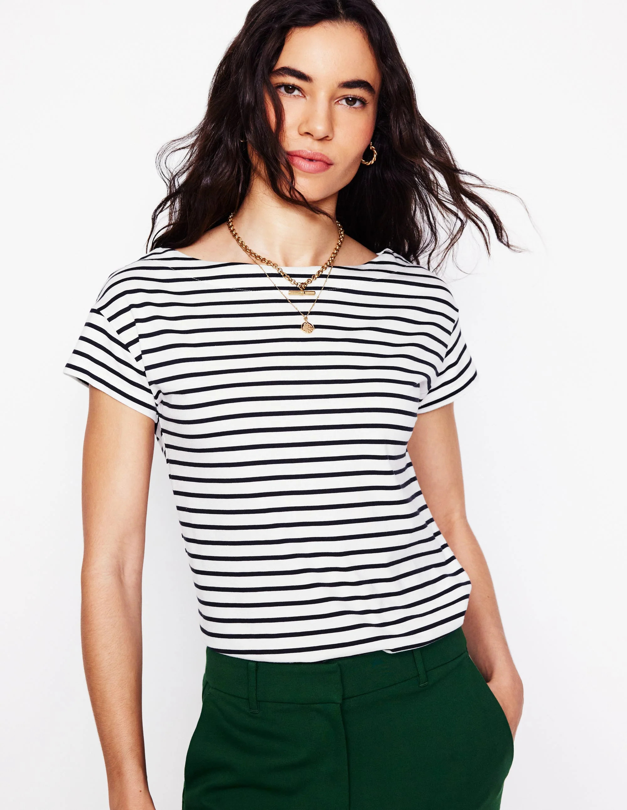 Supersoft Boat Neck T-Shirt-Ivory, Navy Stripe | Boden (US)