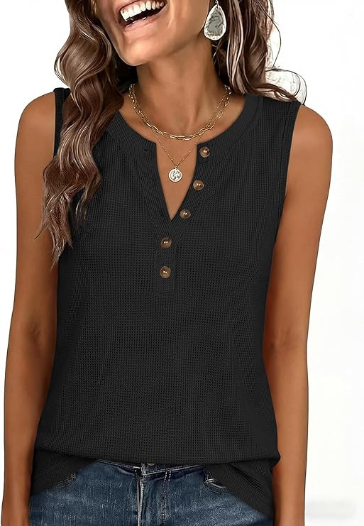 Womens Tank Top Waffle Knit Sleeveless Henley Shirts 2026 Summer Loose Button Up V Neck Dressy Ca... | Amazon (US)