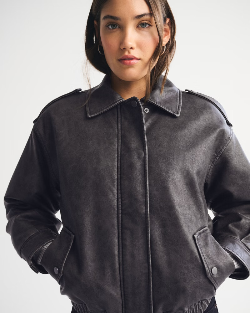 Women's Vegan Leather Distressed Bomber Jacket | Women's Coats & Jackets | Abercrombie.com | Abercrombie & Fitch (US)