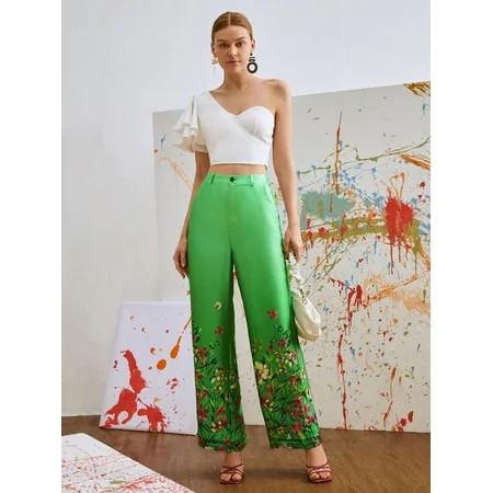 Women s Floral Print High Waist Satin Pants L(8/10) Green Casual F22015D-1 | Walmart (US)