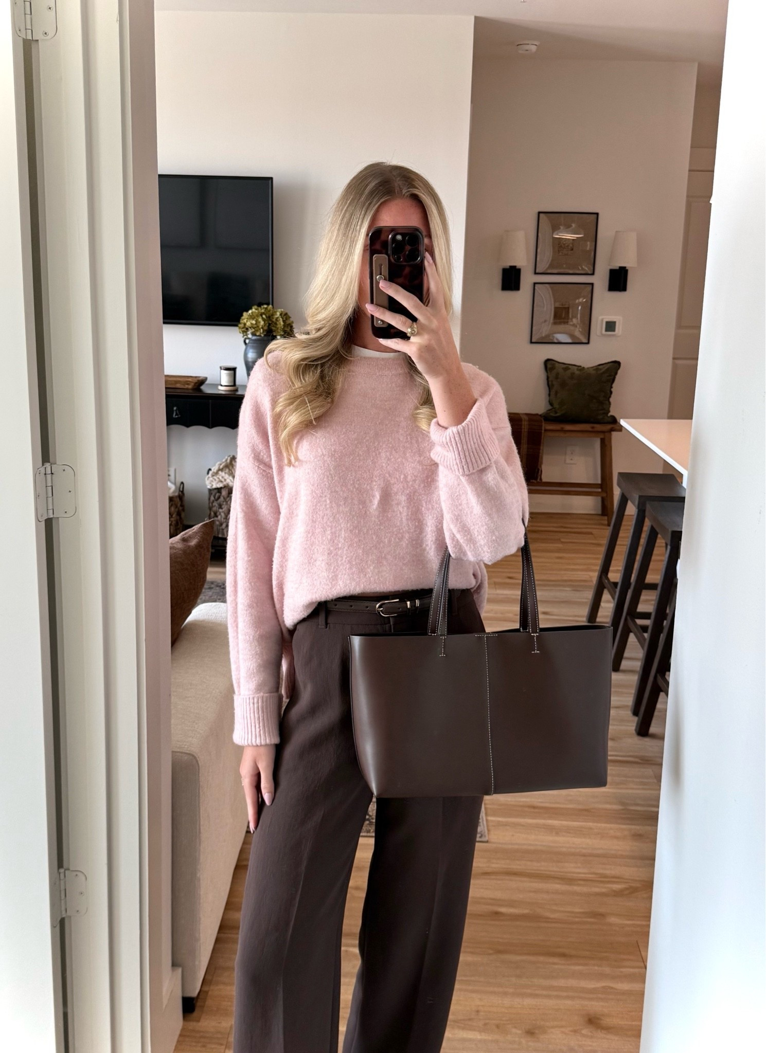 Fall work outfit with chocolate brown trousers, a soft pink sweater, and an Amazon belt.

fall work outfit / office outfit / workwear / brown trousers / pink sweater / Amazon belt / business casual / fall outfit / neutral workwear

#LTKootd #LTKWorkwear #LTKSeasonal