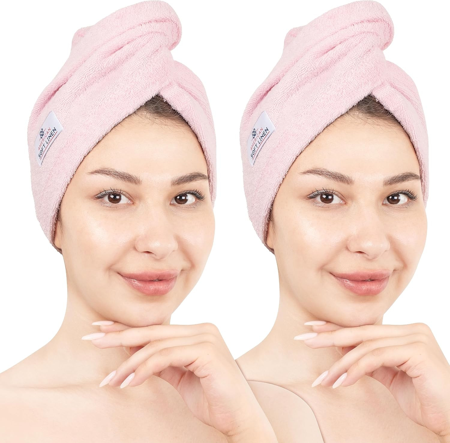 American Soft Linen 100% Cotton Hair Towels for Women, Head Towel Cap, Cotton Hair Turban Towel Wrap for Long Curly Anti Frizz Hair, Soft and Absorbent Cotton Hair Towels 2 Pack, Pink | Amazon (US)