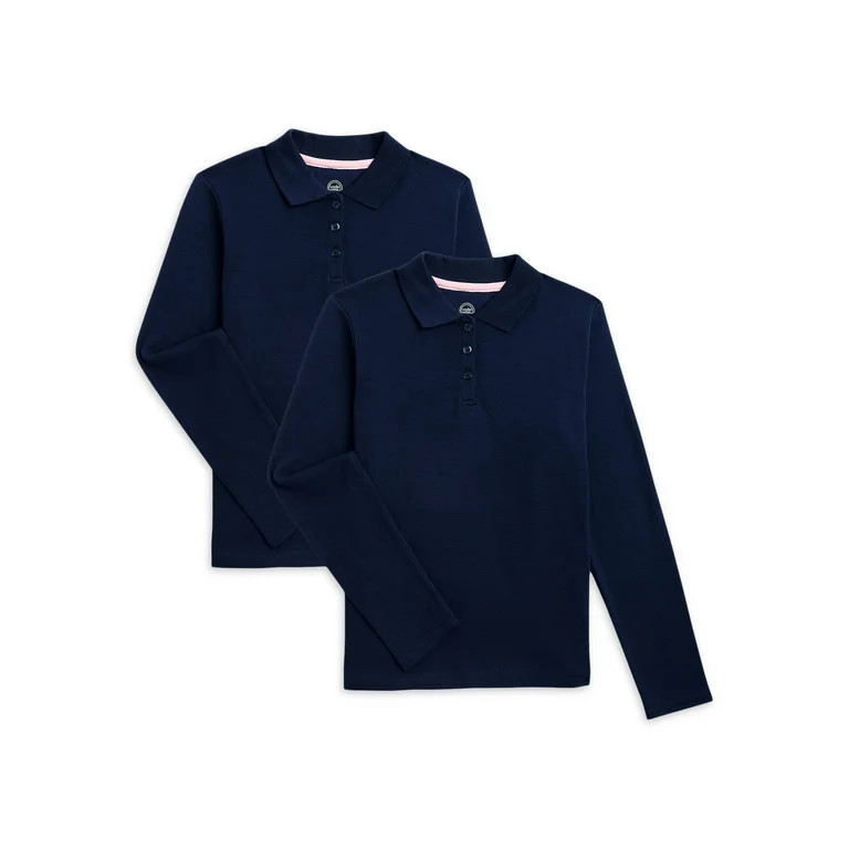 Wonder Nation Girls Plus School Uniform Long Sleeve Interlock Polo Shirt, 2-Pack, Sizes 10-16 - W... | Walmart (US)