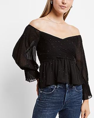 Metallic Pleated Off The Shoulder Peplum Top | Express