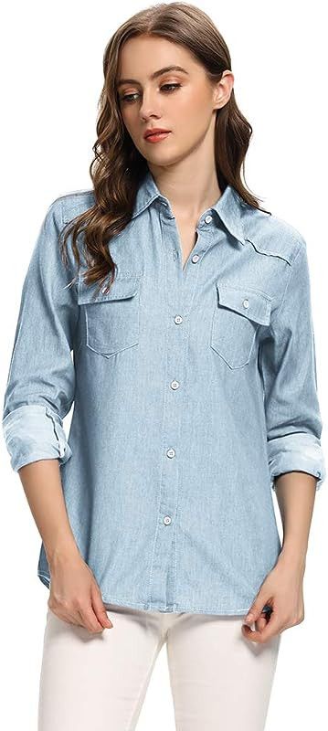 Aeslech Women's Chambray Button Down Shirt, Long Sleeve Button Down Cotton Blouse Lightweight Top | Amazon (US)