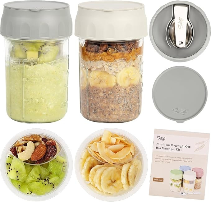 SOLIGT Overnight Oats Containers with Lids, Folding Spoons and Divided Compartment for Fruit & Nu... | Amazon (US)