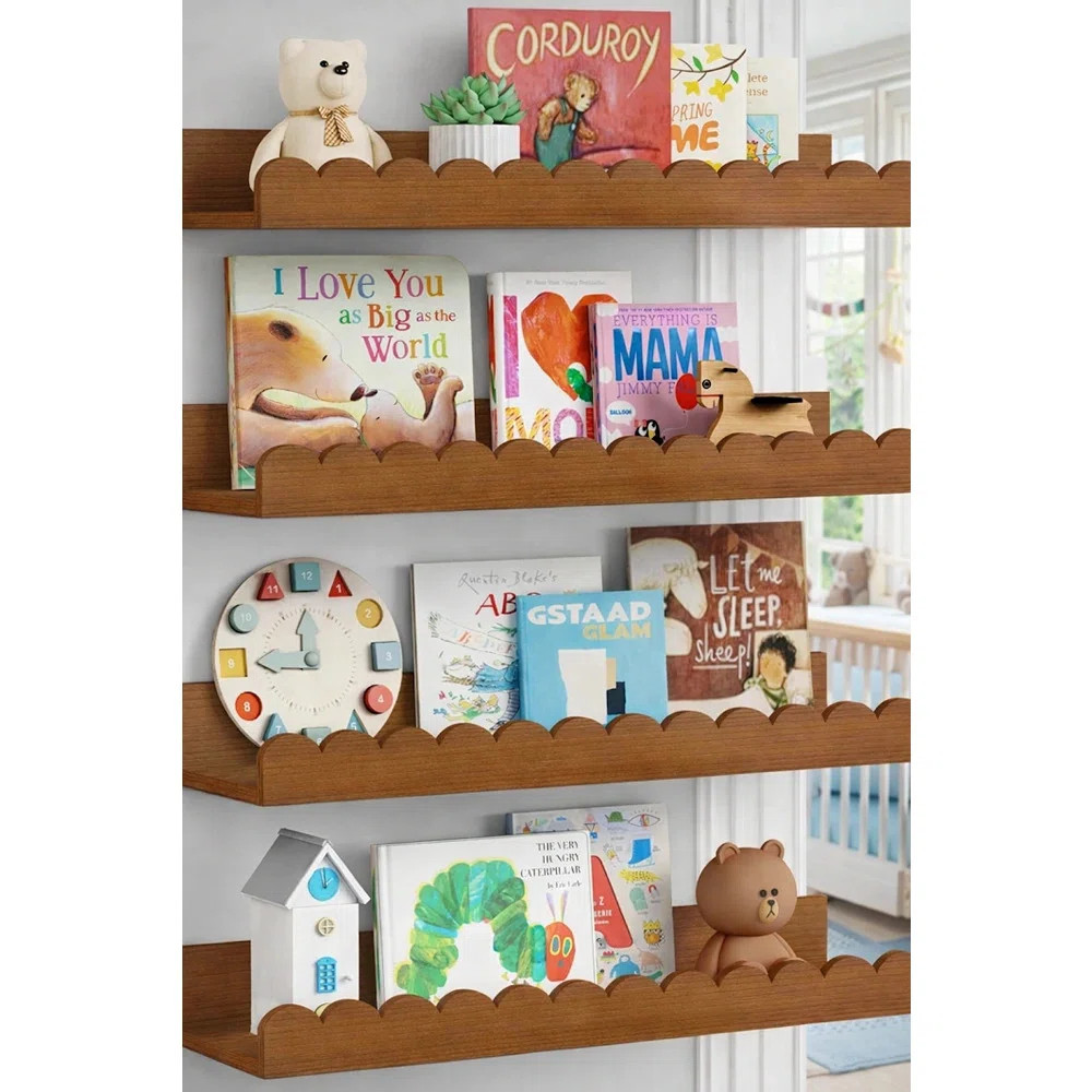 Nursery Floating Book Shelves Set Of 4, Scalloped Wooden Wall Shelves, Walnut Brown | Wayfair North America