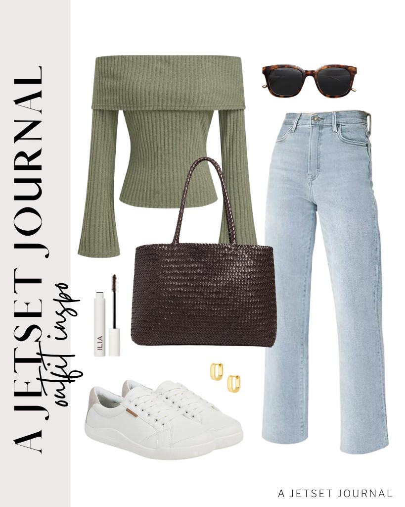 A combination of a green off-the-shoulder top from CIDER and KDF light-wash jeans is a chic outfit you will love. Dr. Scholl's Be Bright and Madewell leather tote are perfect for this look together with SOJOS polarized sunnies. 

 #LTKSeasonal #LTKSaleAlert #LTKTravel