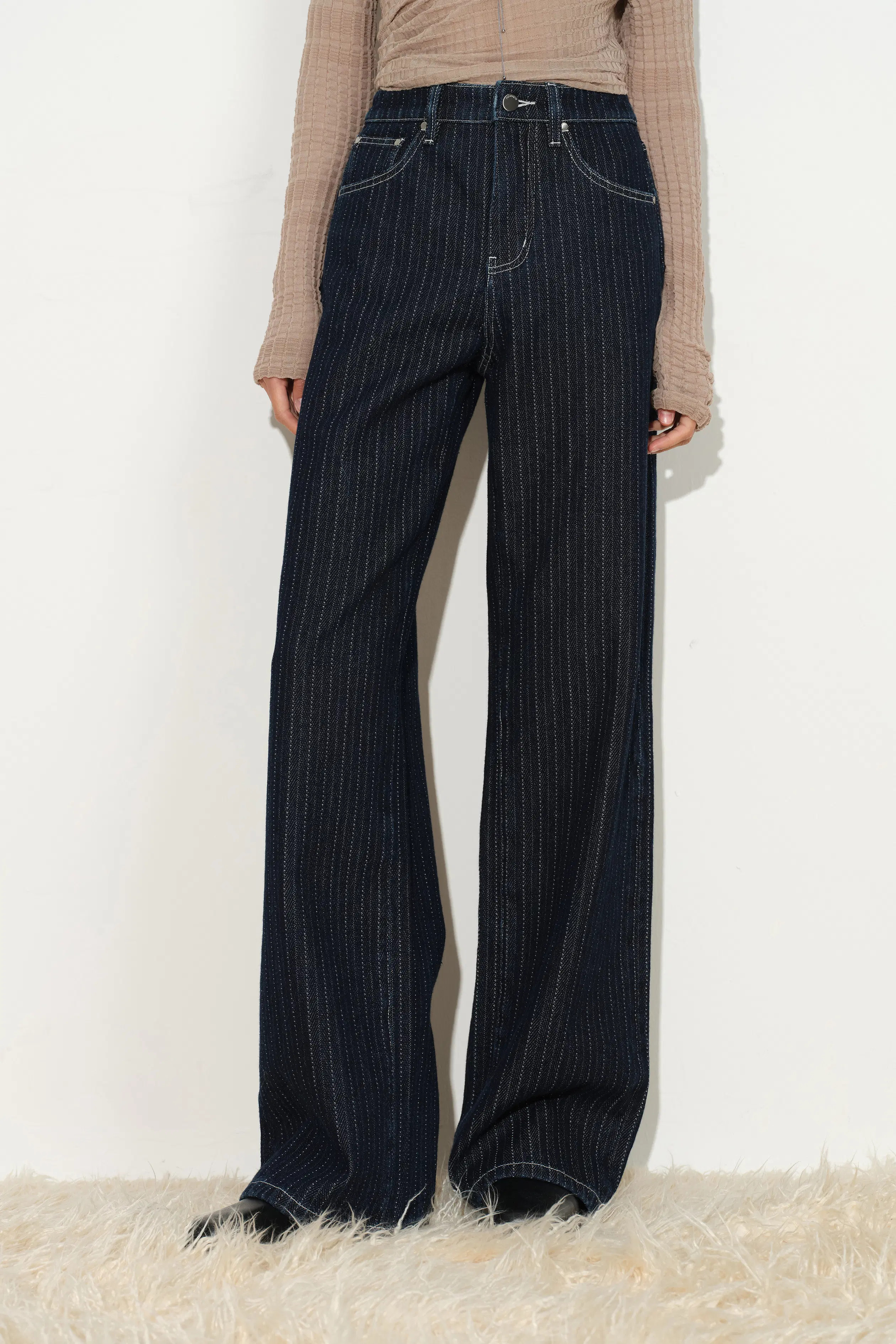 Liora Herringbone Stripe Wide Leg Jeans in Cotton Denim | Fabrique