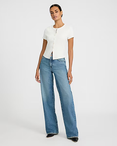 High Waisted Light Wash 50/50 Rigid Stretch Wide Leg Jeans | Express