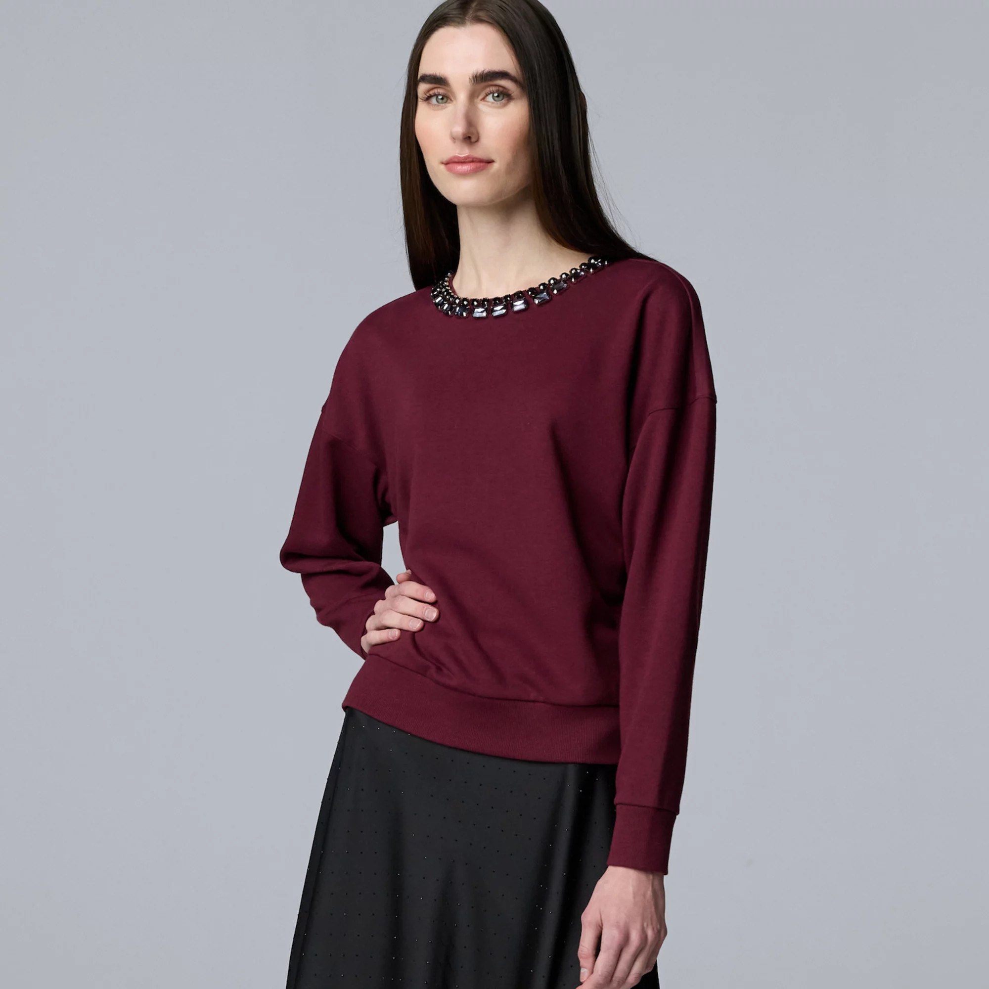 Women's Simply Vera Vera Wang Jeweled Neck Sweatshirt | Kohl's