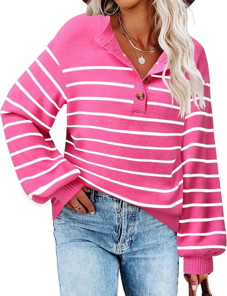 Youtalia Womens Casual Striped Sweaters 2024 Fall Long Sleeve Button Henley Pullover Tops | Amazon (US)
