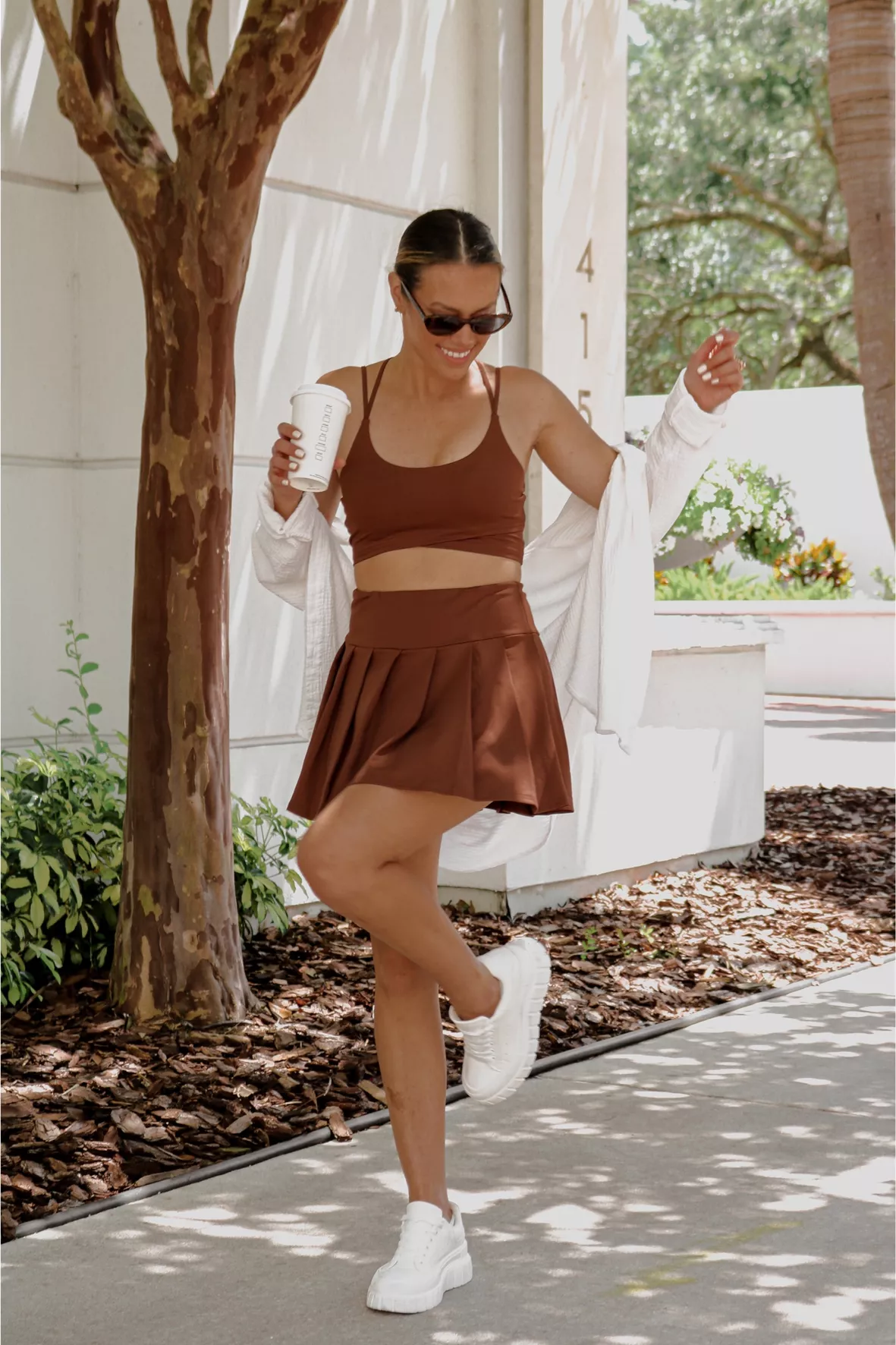 brown skater skirt outfit
