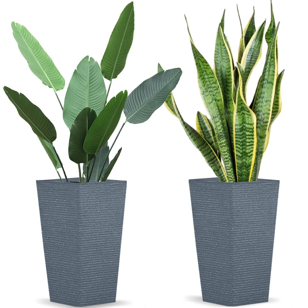 2 Pcs Pack Heavy Duty Plastic Resin 17 Inches Tall Tapered Planter Pots Large Square Planter Flow... | Amazon (US)
