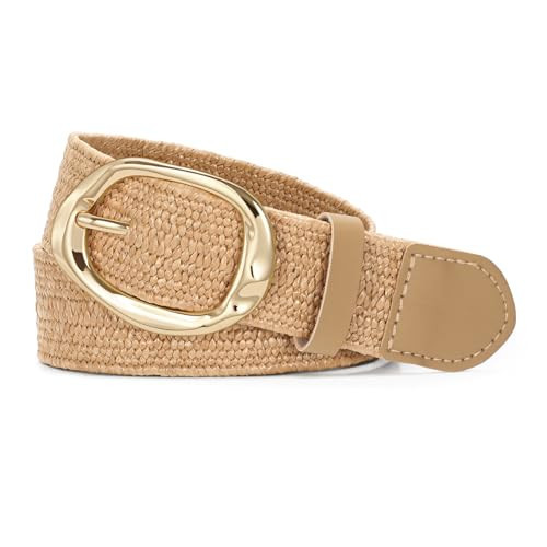 SUOSDEY Women Straw Woven Elastic Belt for Dresses,Boho Rattan Braided Stretch Ladies Waist Belt with Gold Buckle | Amazon (US)