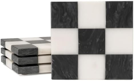 Checkered Marble Coasters – Set of 4 Aesthetic Black and White Stone Drink Coasters for Table, ... | Amazon (US)