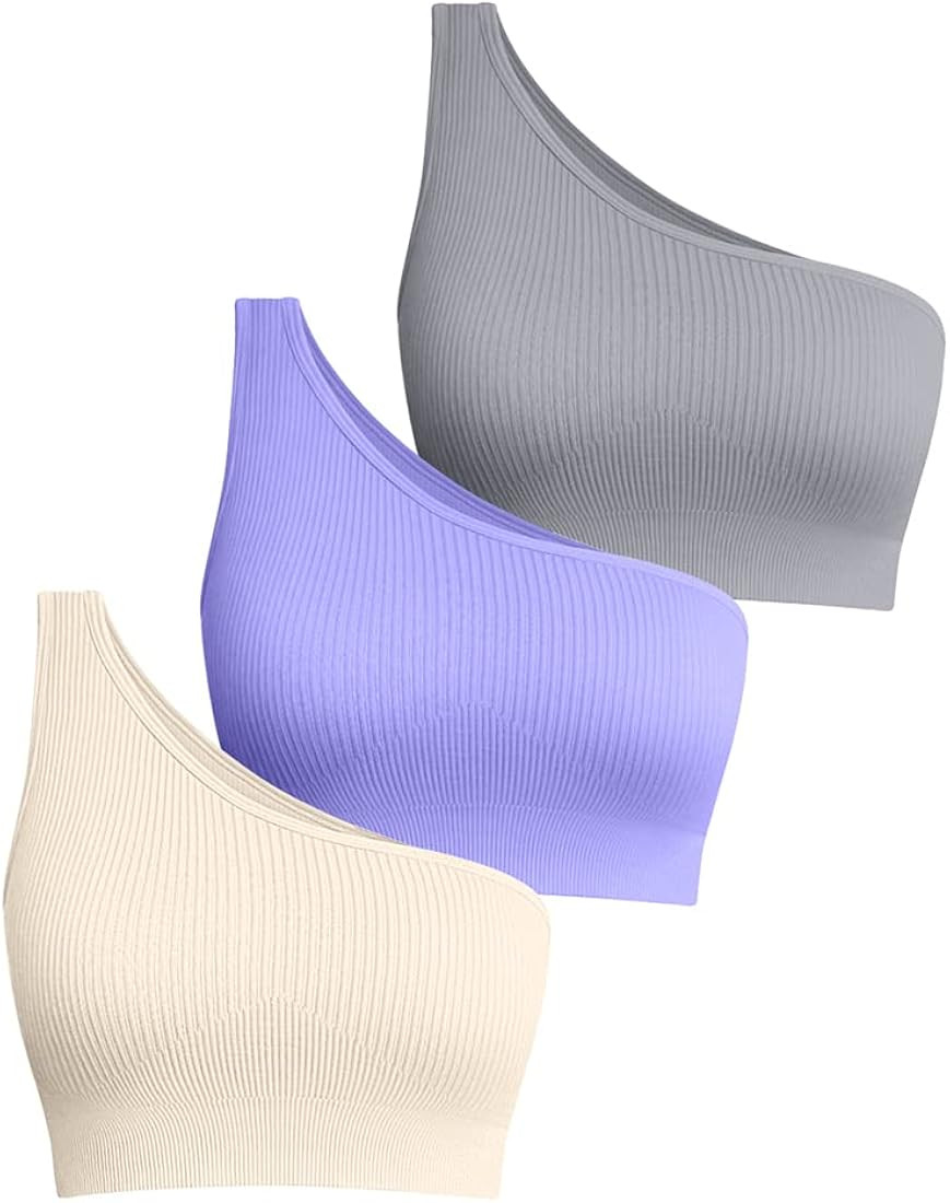Women's 3 Piece Medium Support Crop Top One Shoulder Ribbed Seamless Removable Cups Workout Exerc... | Amazon (US)