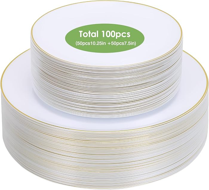 Moretoes 100PCS White Gold Plastic Plates Disposable,Party Plates White with Gold Rim, 10.25inch ... | Amazon (US)