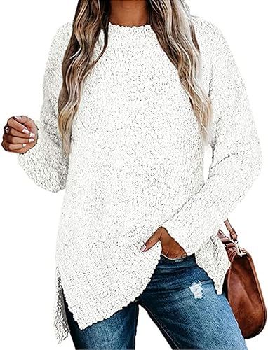 Qearal Women's Long Sleeve Fuzzy Knitted Sweater Popcorn Side Split Loose Pullover Tops | Amazon (US)