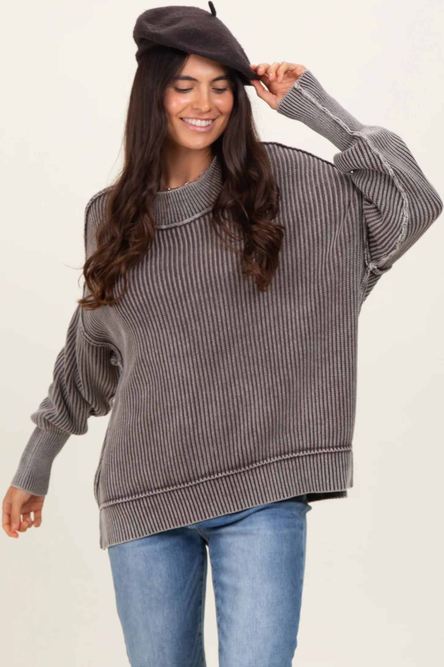 Brown Washed Side Slit Oversized Sweater | PinkBlush Maternity