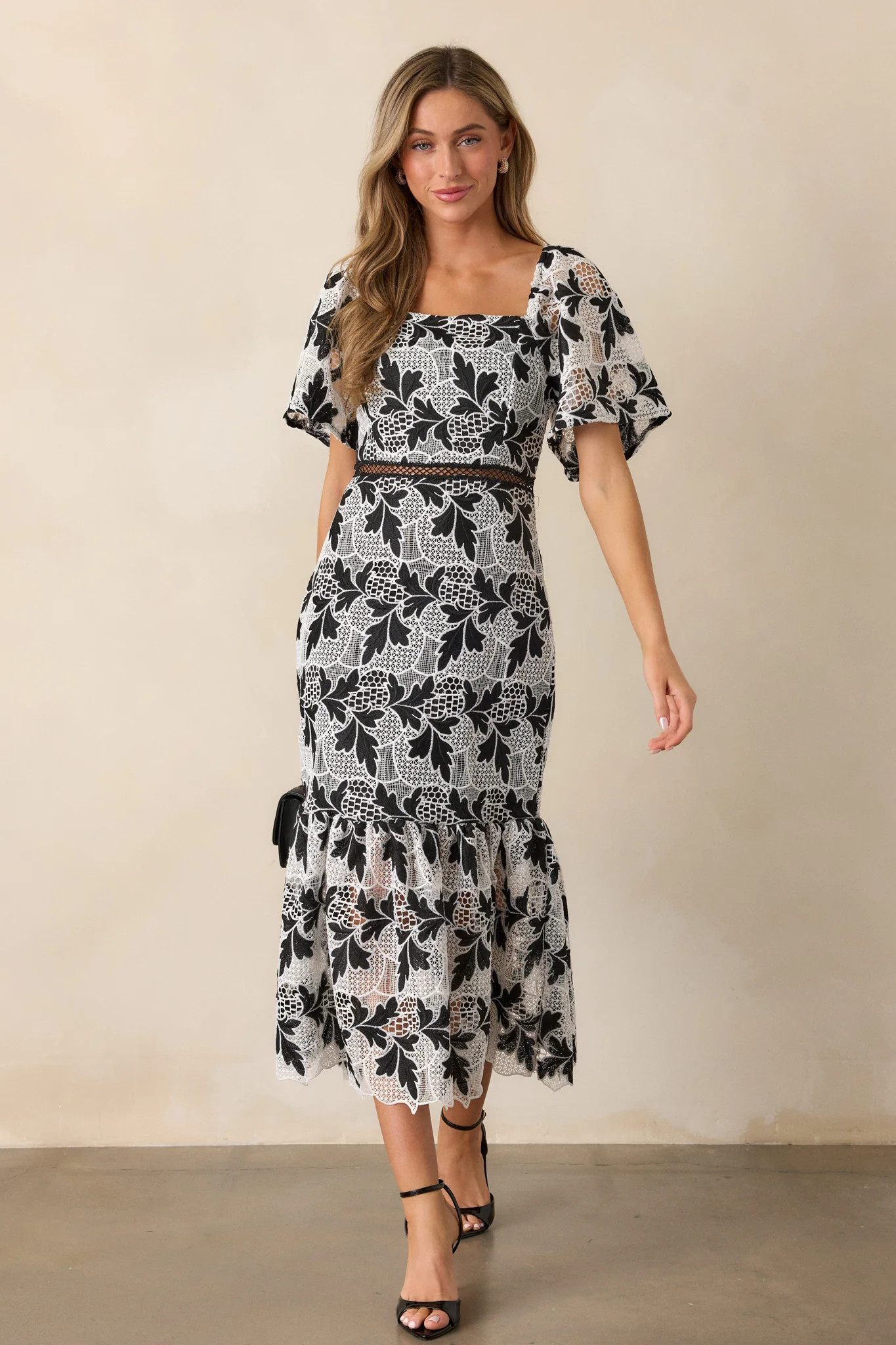 In This Moment Black & White Embroidered Midi Dress | Red Dress