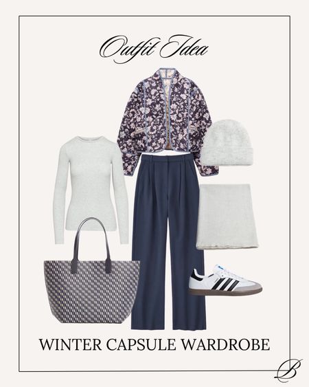 winter outfit idea, sambas, abercrombie trousers, tote bag 