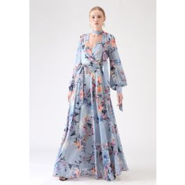 Floral Endearment Chiffon Maxi Dress in Blue | Chicwish