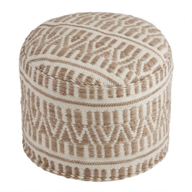 Round Taupe And Ivory Geometric Indoor Outdoor Pouf | World Market