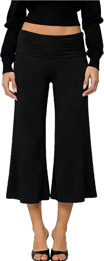 Women Fold Over Gauchos Low Rise Cropped Wide Leg Capri Pants Summer Foldover Yoga Culottes Pajam... | Amazon (US)