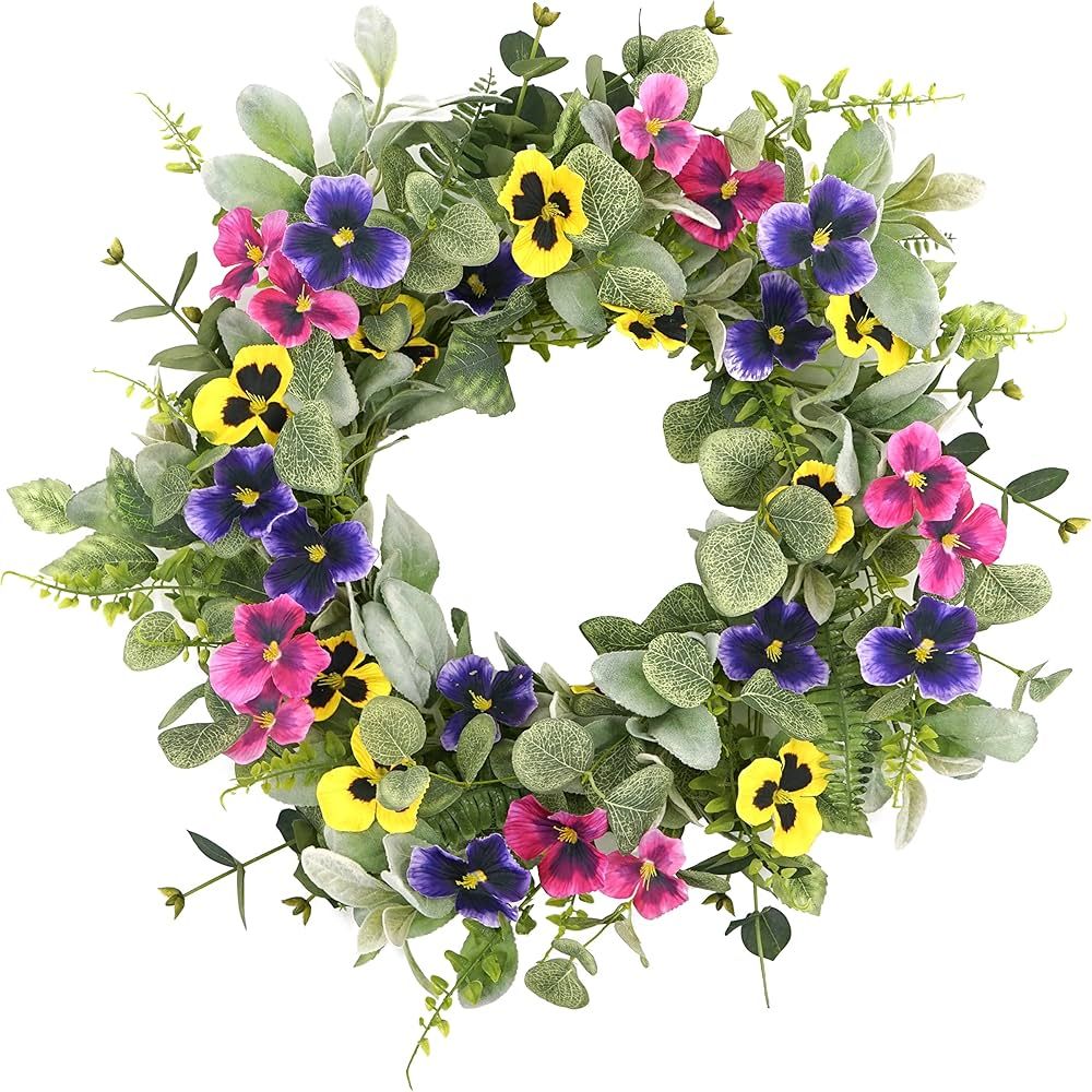 Artificial Spring Summer Wreath with Pansy Flowers,Flocked Lamb Ear Leaves,Eucalyptus Leaves,Fern... | Amazon (US)