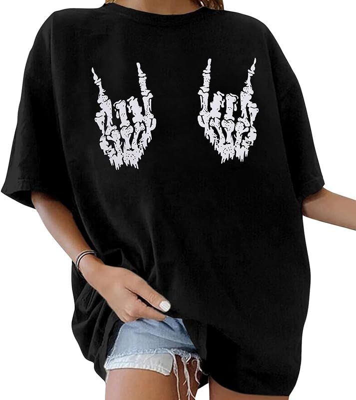 Skeleton Hand Oversized Tee Women Halloween Punk Rock Shirt Music Lover Rock N Roll Shirts Short ... | Amazon (US)